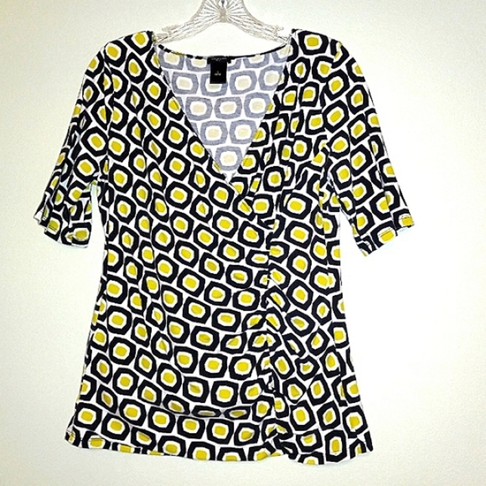 Ann Taylor Faux Wrap Short-sleeve Blouse Top Stretchy Cotton Blend Black & White